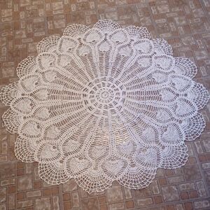 Hand Crafted White Crochet Doily, Tablecloth 42 Inches 100 Percent Cotton White